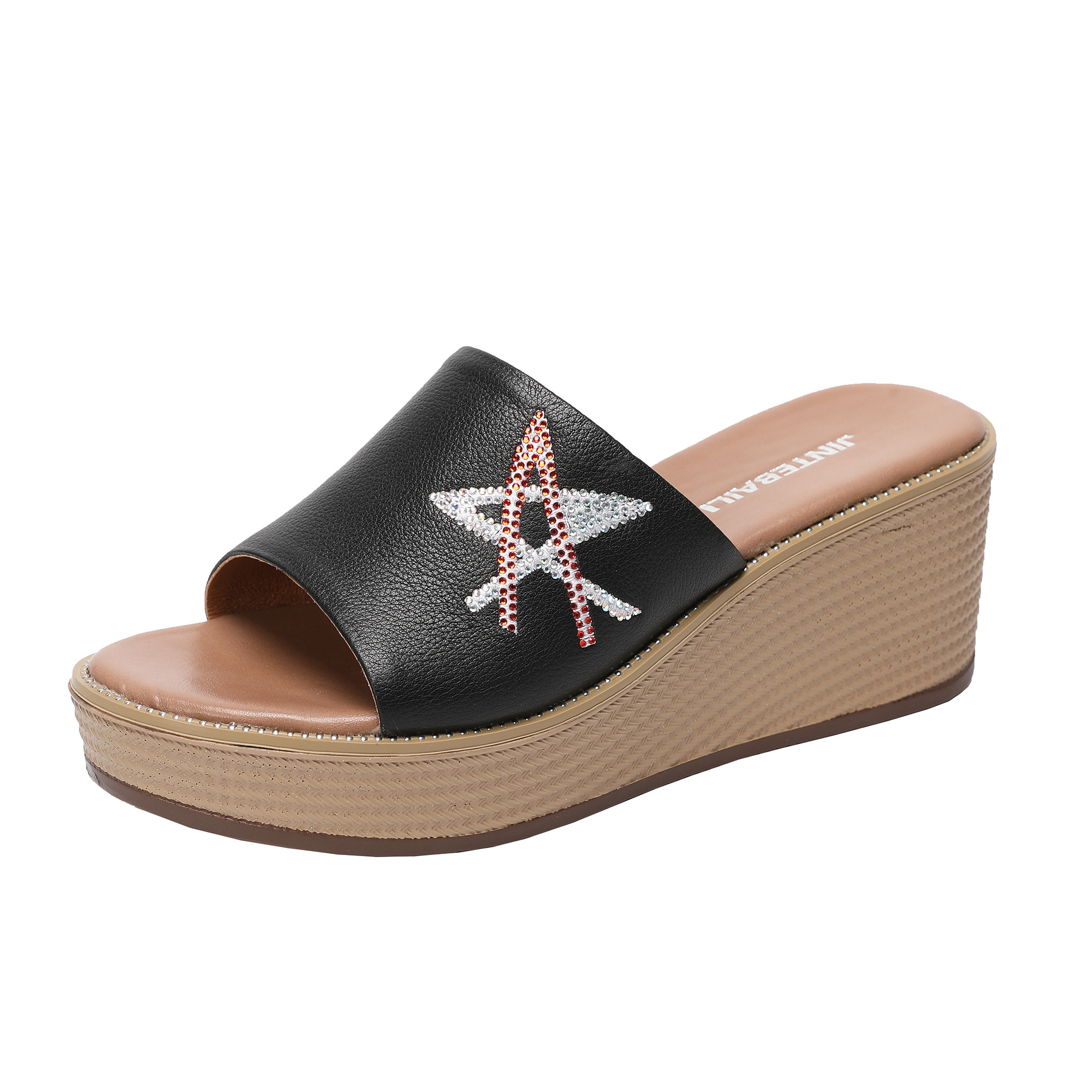 2022年百丽凉拖鞋外穿新款真皮厚底单鞋坡跟防滑水钻百搭女士凉鞋