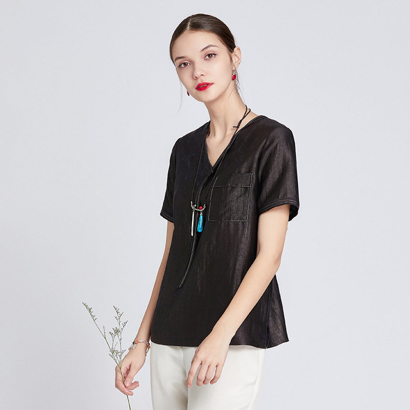 tangy莨绸短袖香云简约真丝设计明线新款夏季t恤