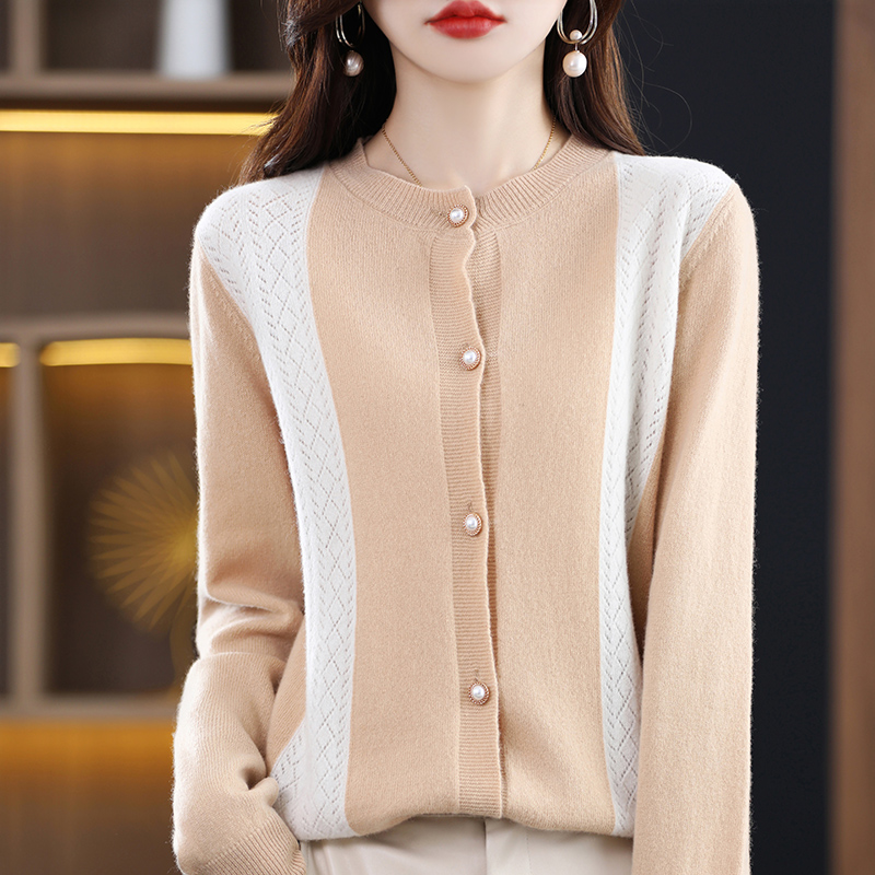 秋冬新款纯羊羊绒开衫女圆领拼色宽松长袖外搭羊绒衫