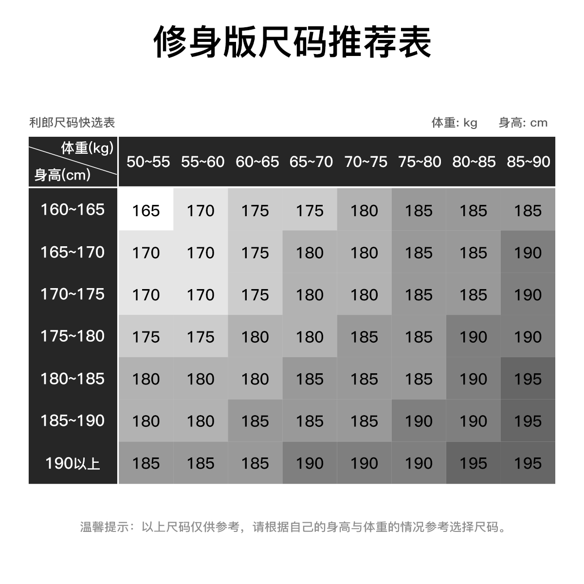 利郎男装尺码表标准图片