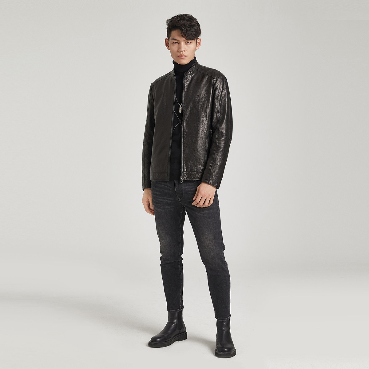 利郎官方绵羊皮真皮皮衣立领夹克男士外套