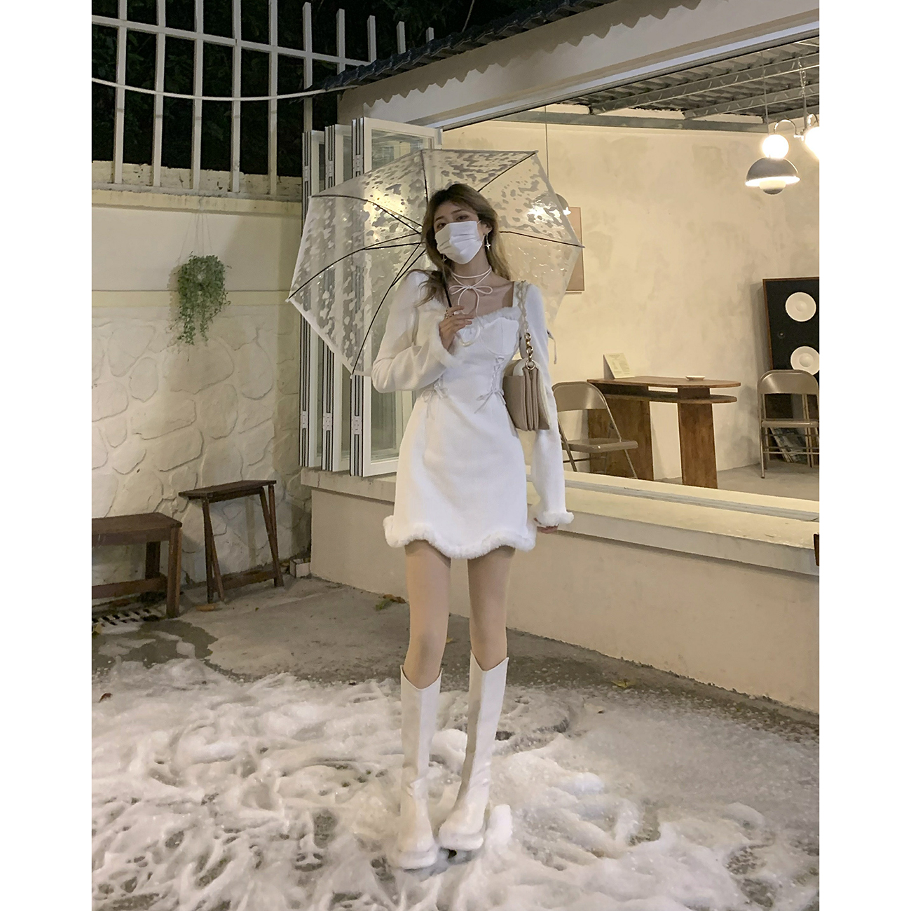 DREAM SEVEN77 白色连衣裙女2021秋冬新款针织氛围感年会圣诞裙子