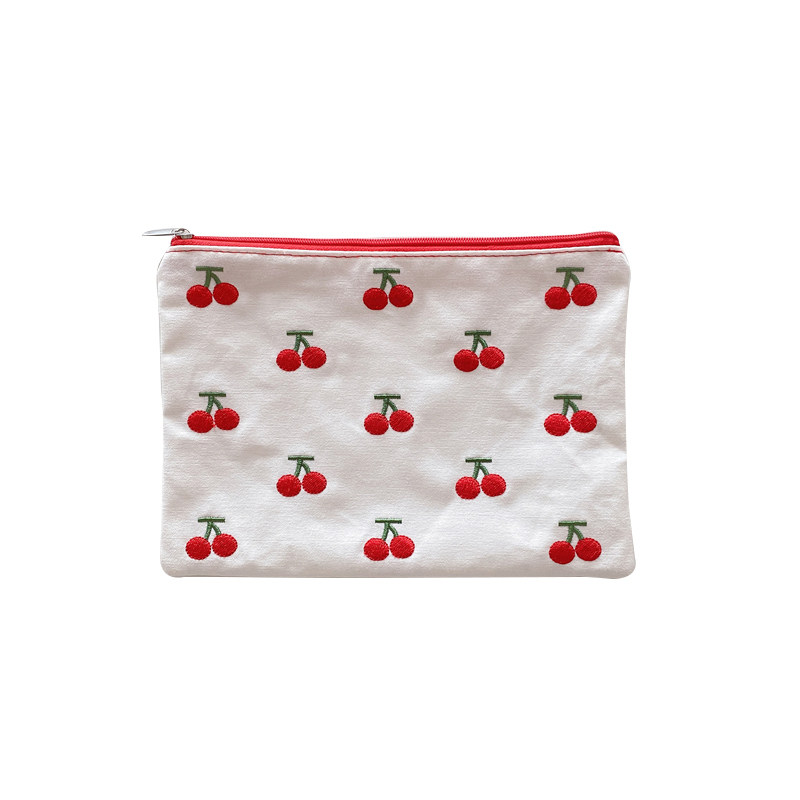 ins韩风刺绣樱桃帆布化妆包车厘子布艺收纳包