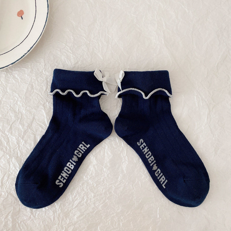 日本可爱海军少女风翻蝴蝶结袜子花边学生深蓝短袜