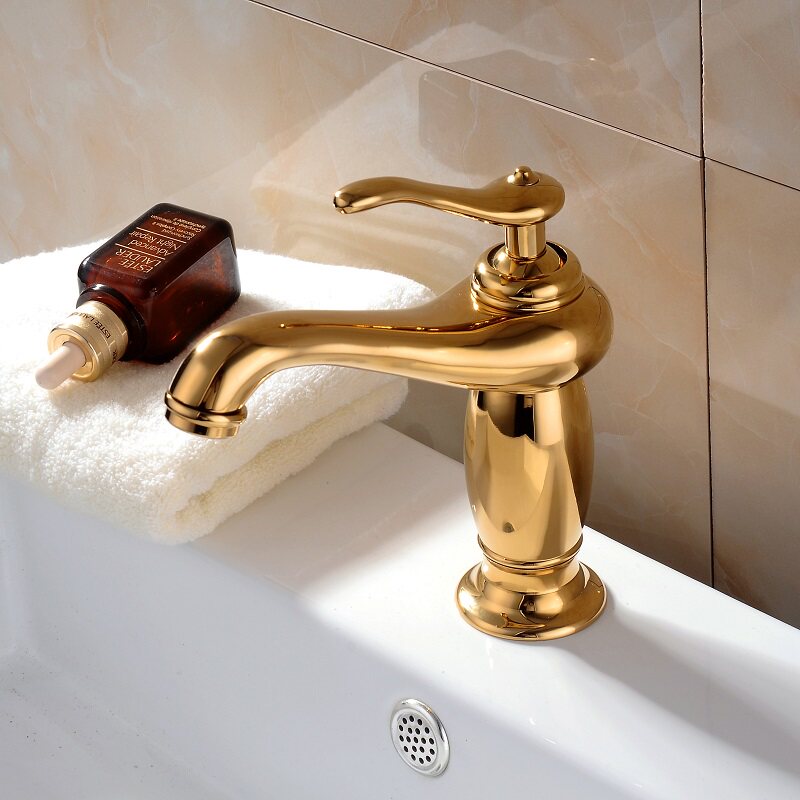金色水龙头镀金全铜冷热水单孔欧式复古黄铜钛金面盆龙头
