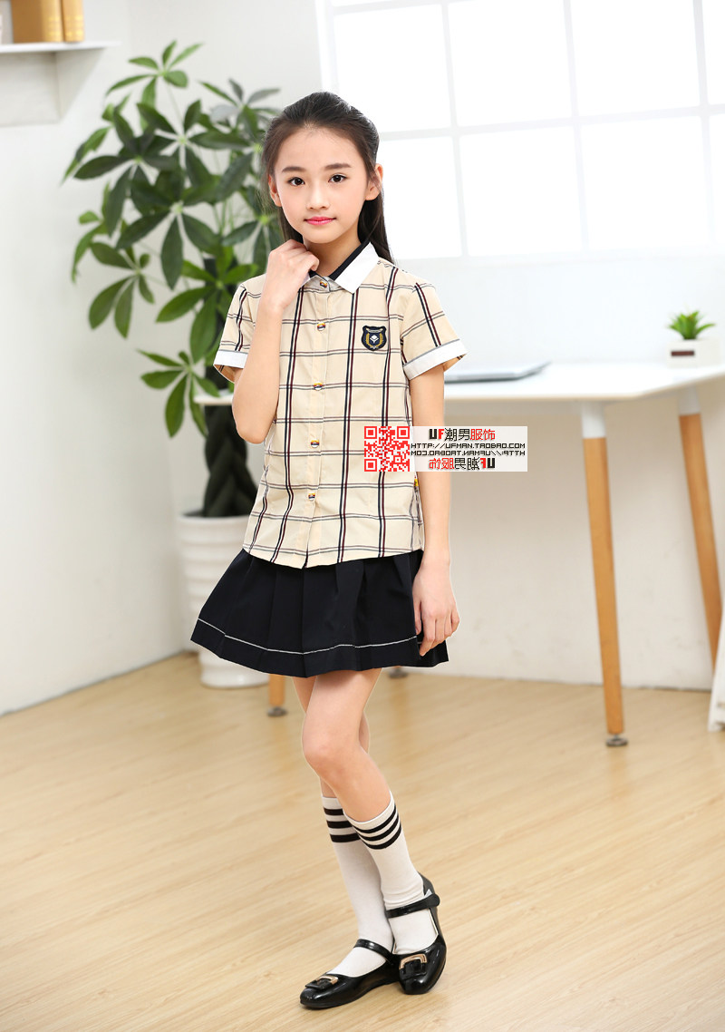 南宁市校服小学夏季短袖浅黄格子衬衫校服