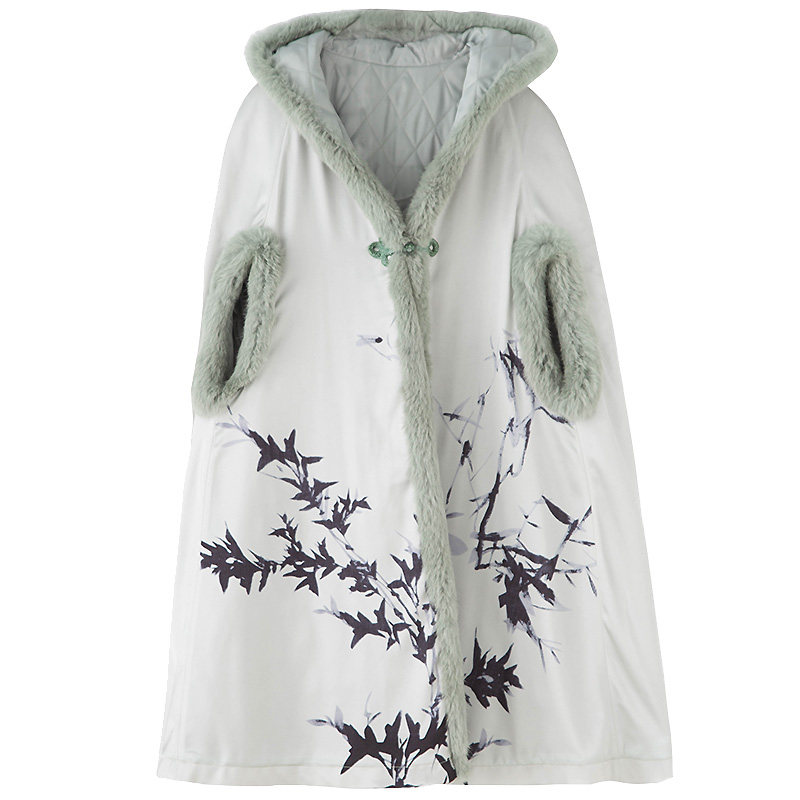 斗篷外套秋冬古风风大码中国风印花盘扣夹棉棉衣