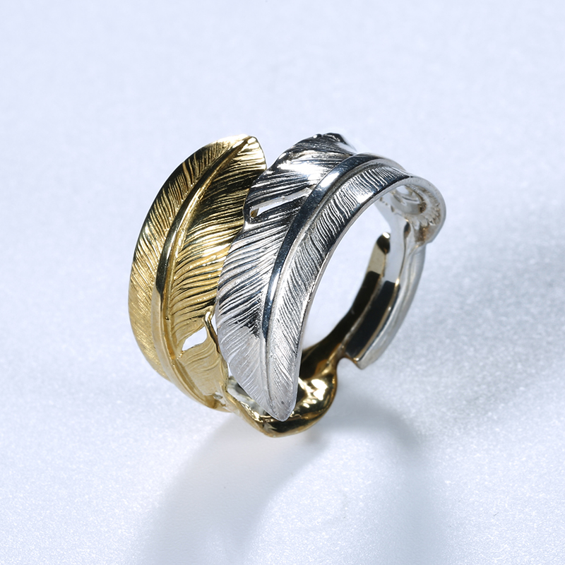 手工情侣高桥吾朗风格双羽羽毛戒指纯银开口戒指