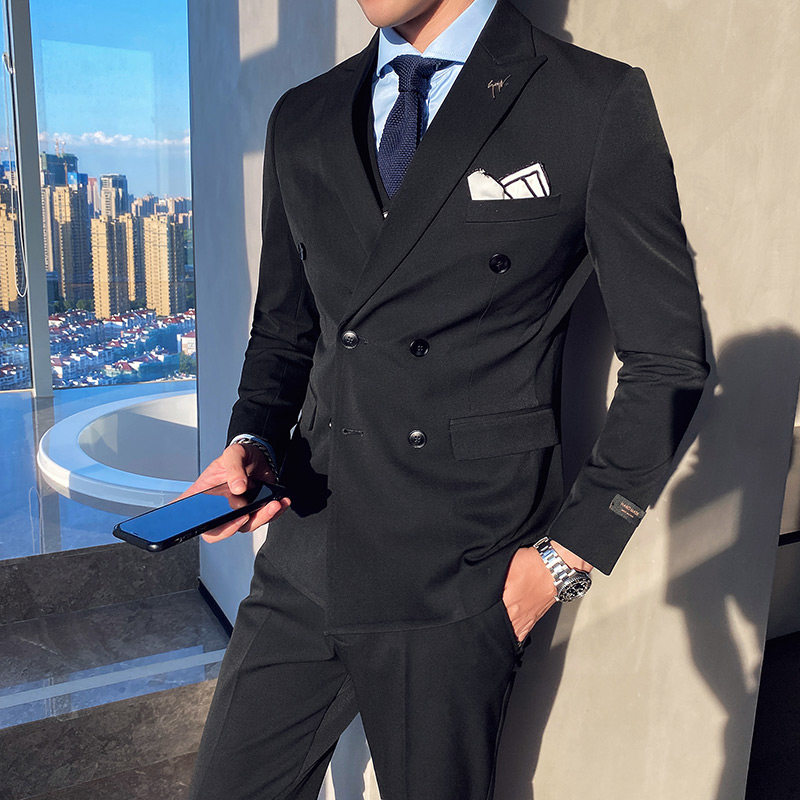 秋冬男士修身纯色双排扣西服套装时尚绅士新郎礼服西装三件套潮