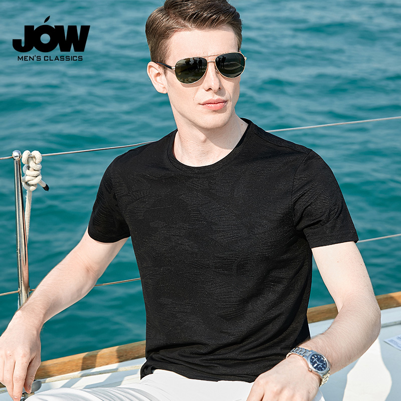 JOW/乔沃圆领桑蚕丝短袖T恤男夏季新款纯色真丝混纺提花上衣薄款