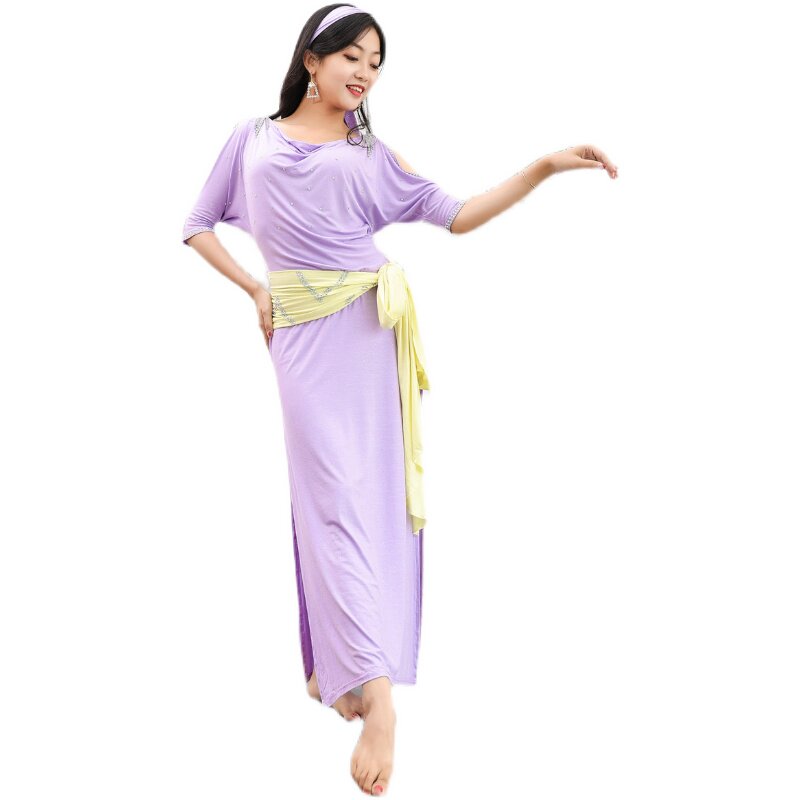 舞娘肚皮练功套装莫代尔长裙baladi民俗撞色烫钻肚皮舞套装演出服