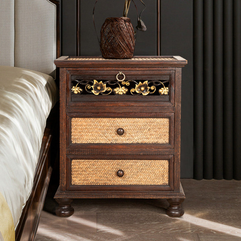 异丽东南亚风格床头柜中式实木藤编储物收纳复古床头柜