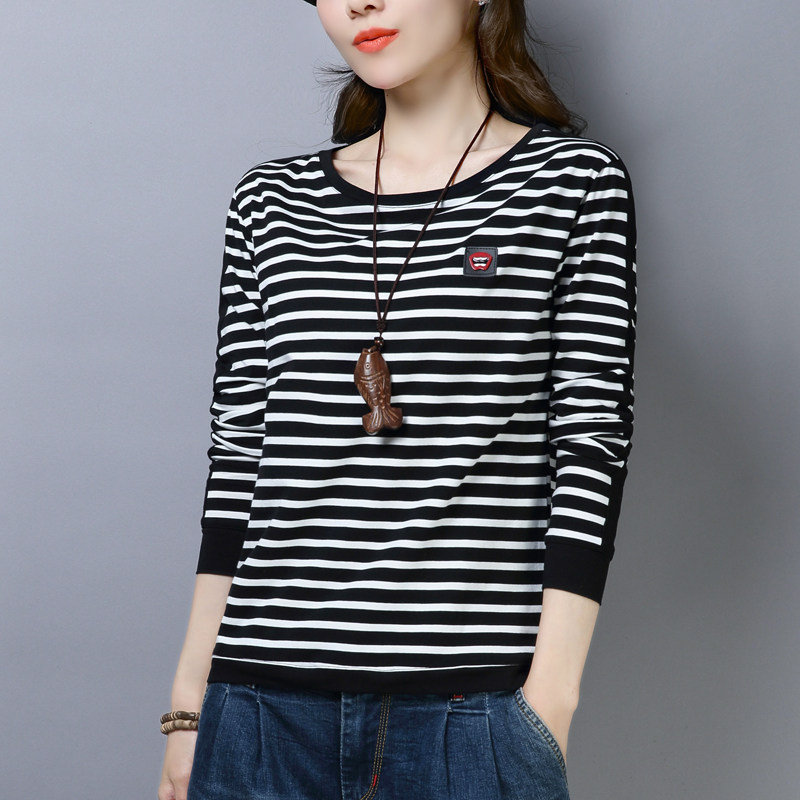 纯棉长袖t恤女条纹上衣中年妈妈春装2020新款遮肚打底衫洋气秋衣