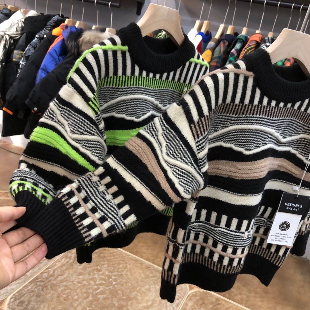 大e小e童装男童新款秋冬装新款儿童套头洋气圆领条纹针织毛衣