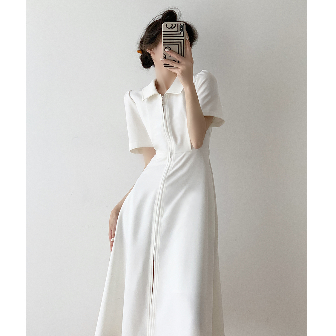 印思法式白色赫本风短袖衬衫连衣裙夏季设计感小众显瘦气质茶歇裙
