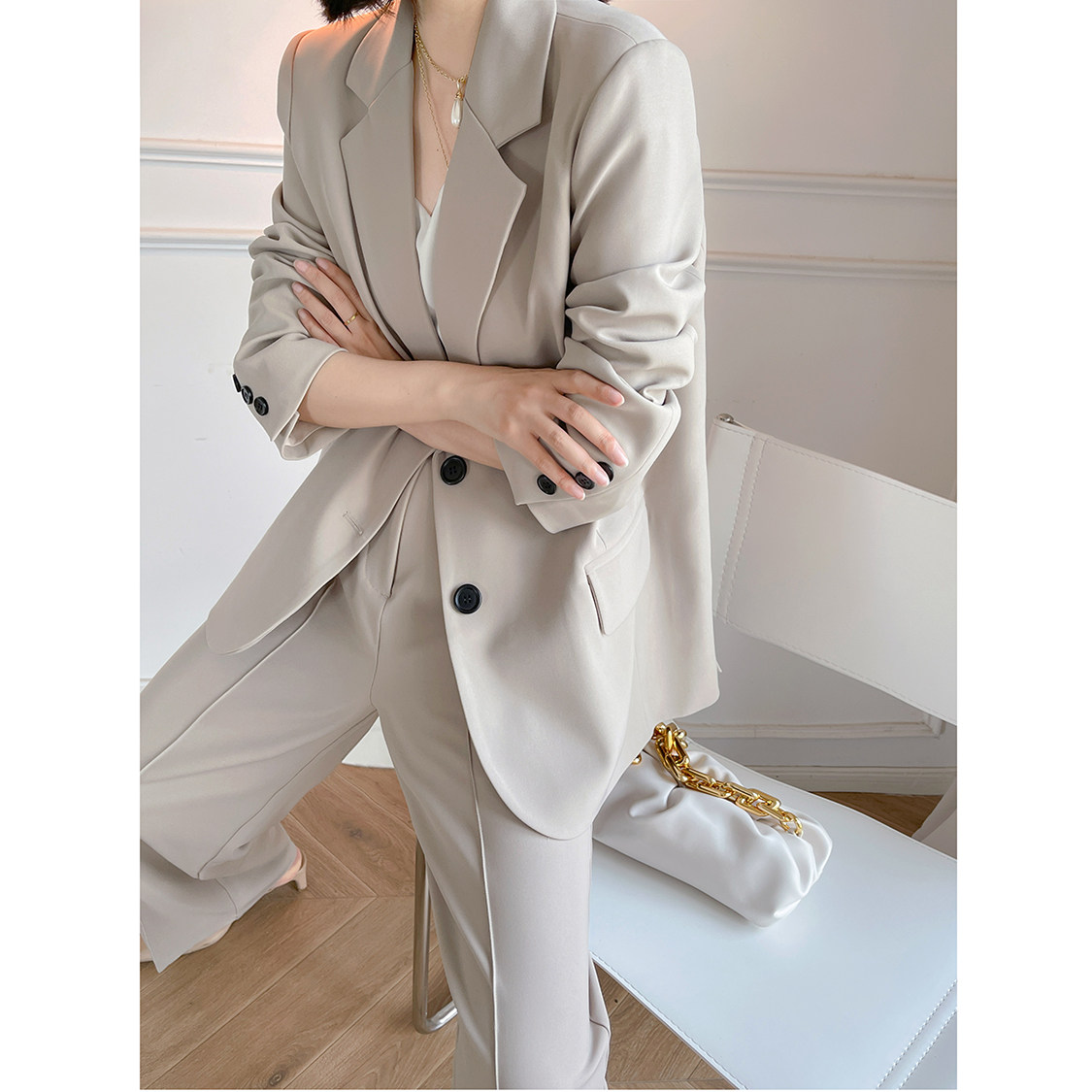 大牌米色西装套装春秋韩版高端小个子英伦风时尚西装