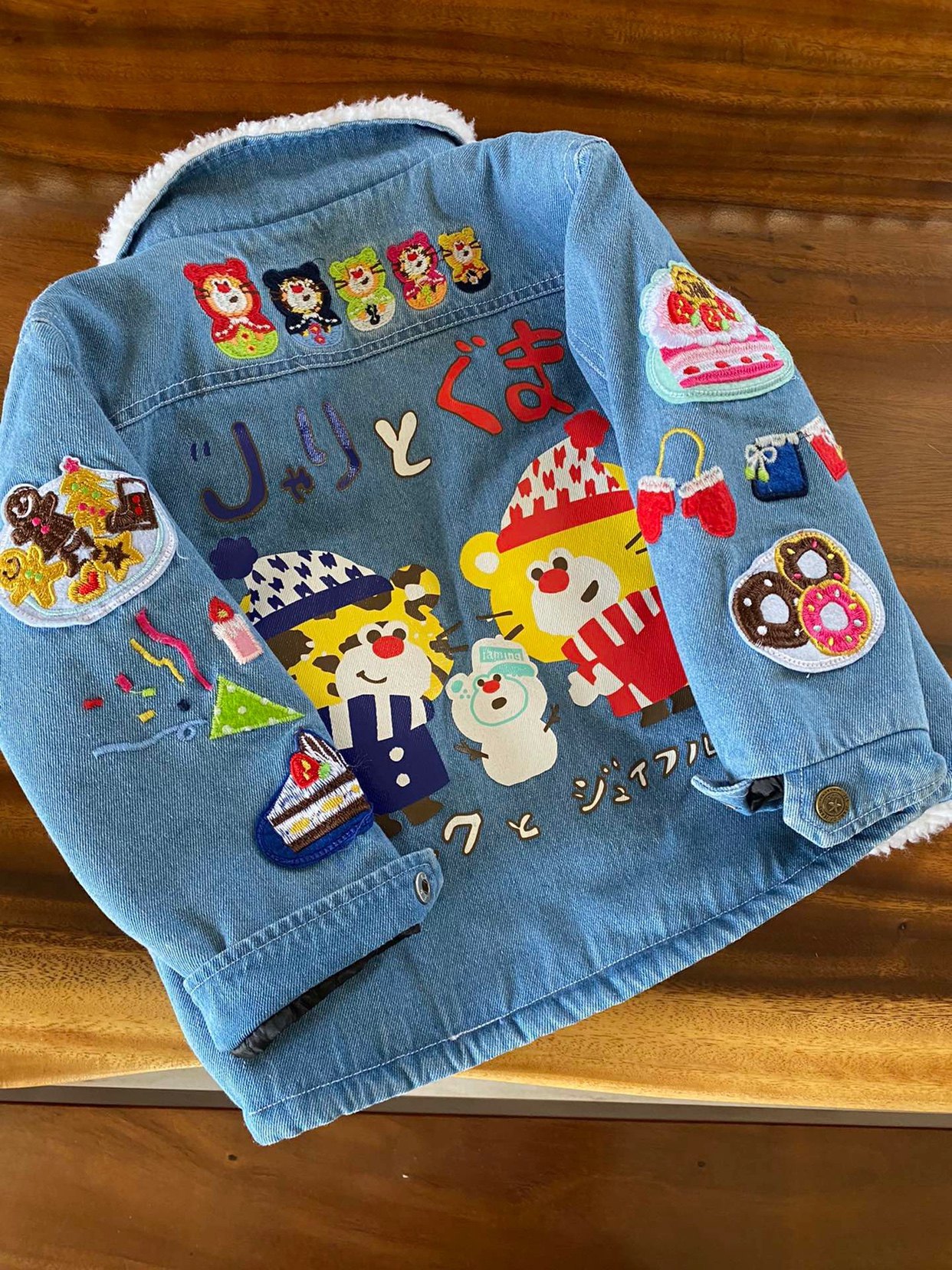 mijello2022亲子装儿童卡通重工刺绣jam果酱熊牛仔加绒亲子装