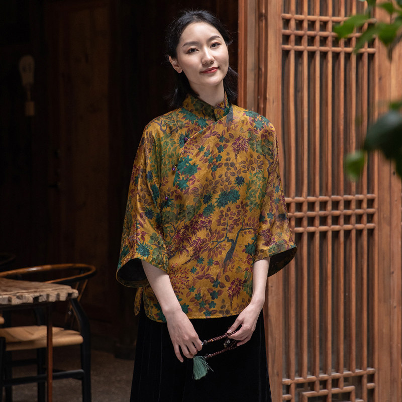 菲伊真丝唐装外套立领罗香云丝花国风唐中式中国上衣