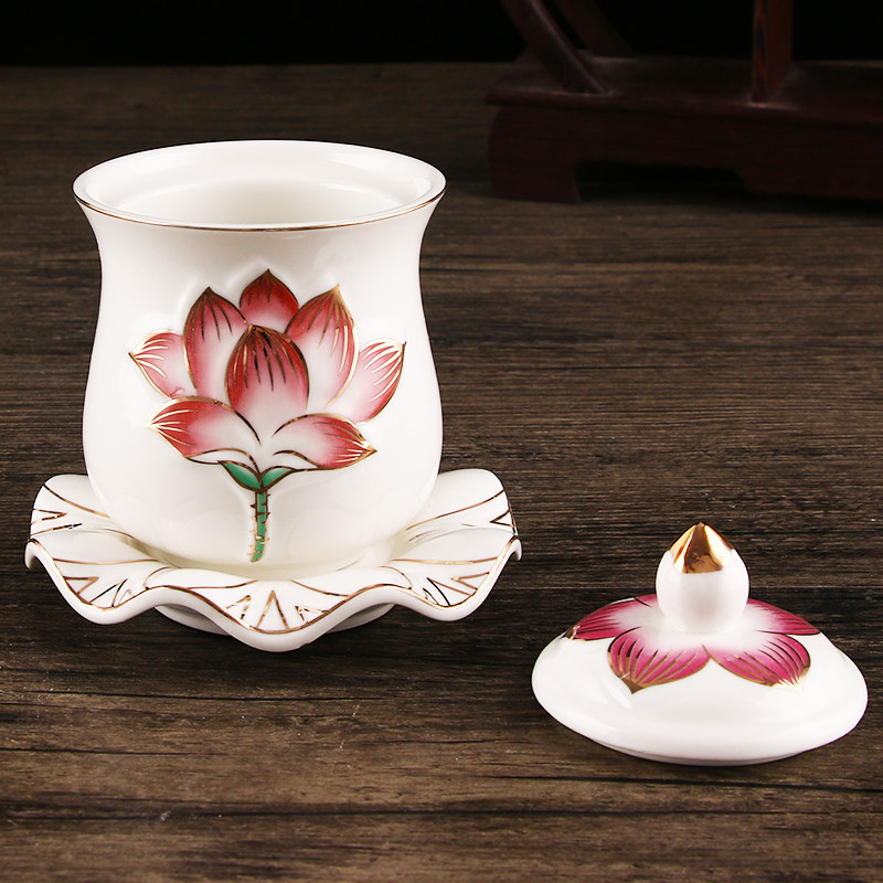 水杯红莲莲花描金供水佛堂陶瓷供杯供佛净水摆件