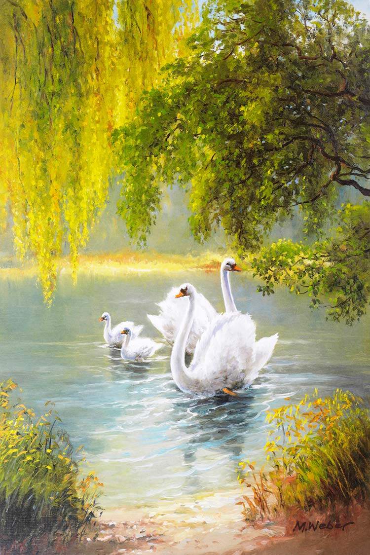 客厅餐厅装饰画画心天鹅湖风景油画风格画芯现代装饰画