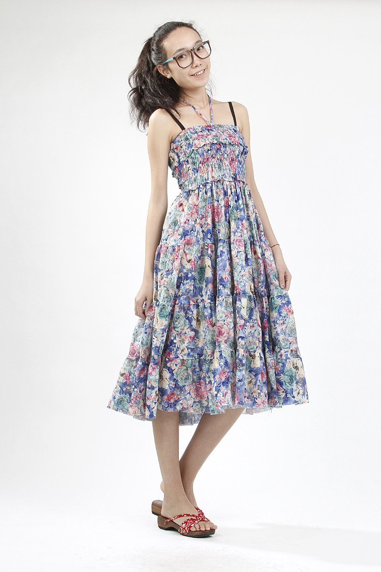 夏波西米亚大摆裙碎花半身裙高腰裙子两穿拼接款松紧腰半身长裙