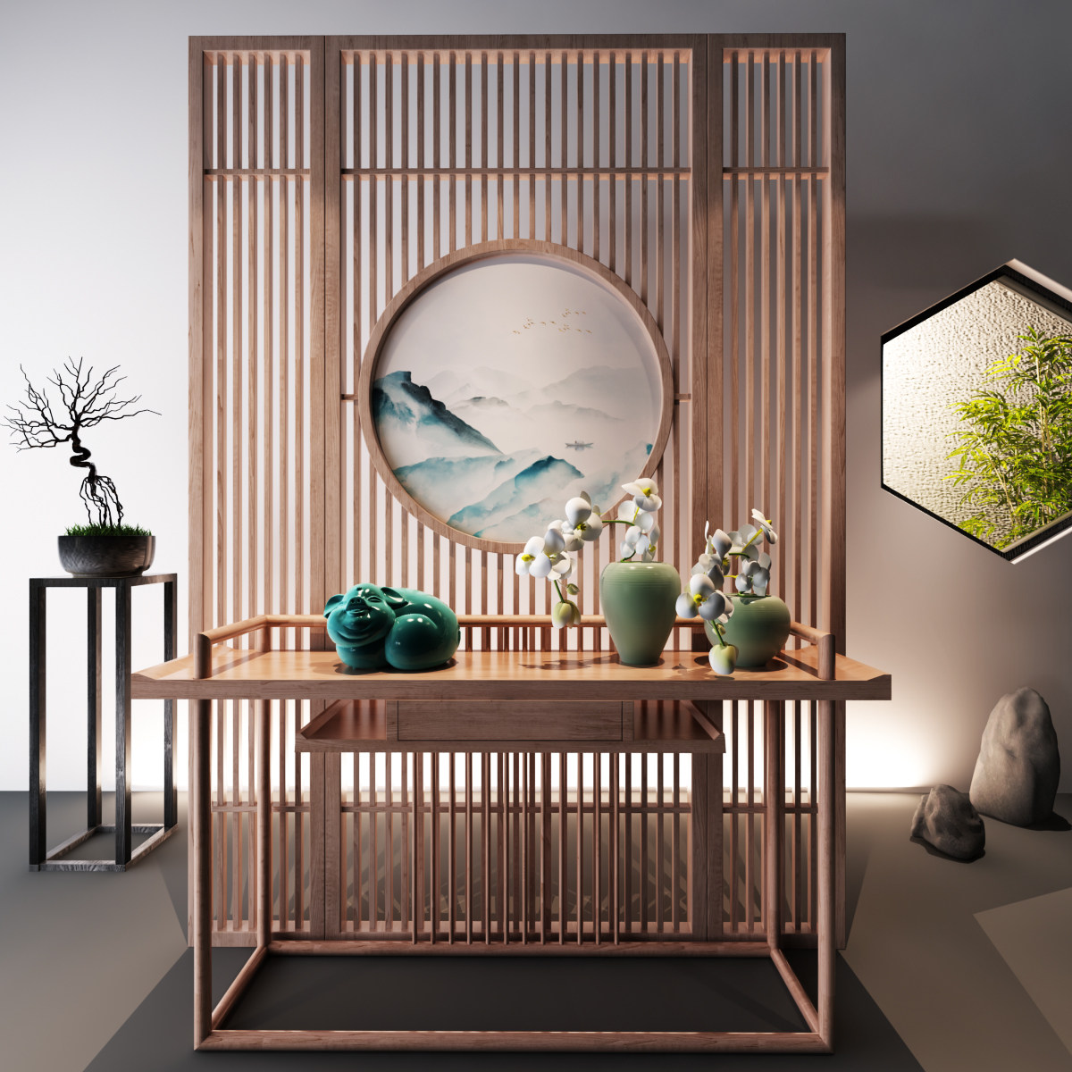 屏风隔断新中式中式客厅玄关大厅座屏实木高山流水座屏