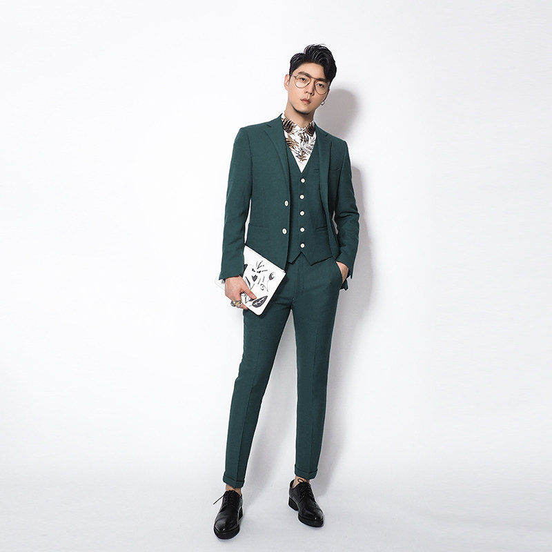 川泽定制秋冬韩版纯色休闲西服青绿色小西西装西服