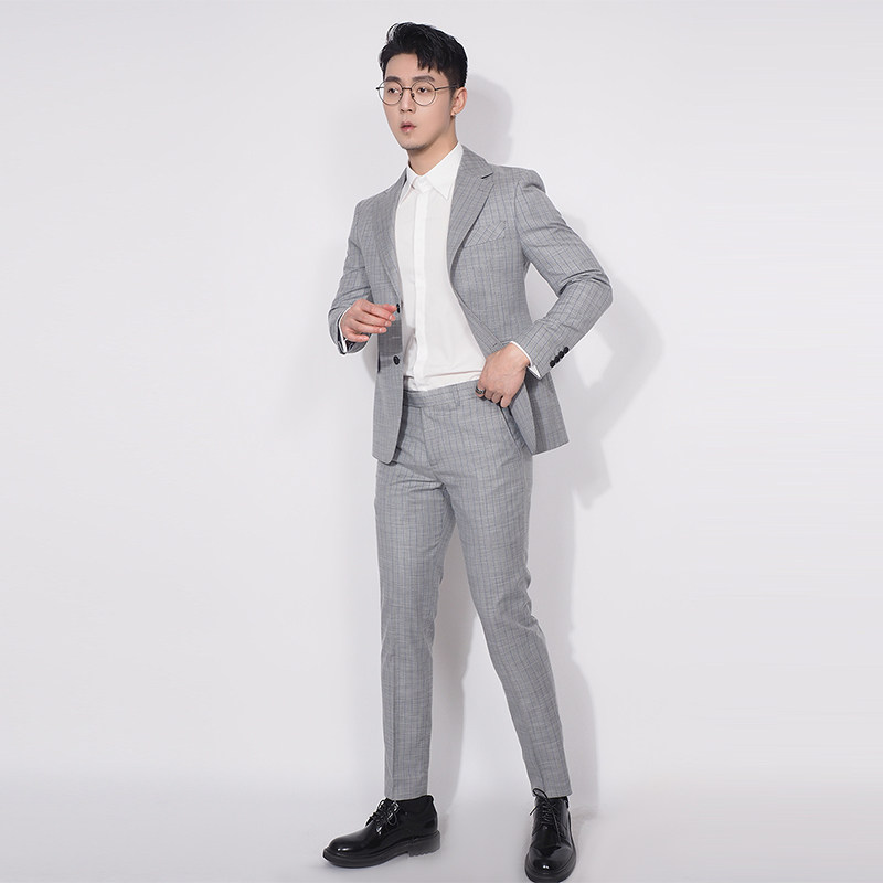 川泽男士条纹灰色小西西装外套新款韩版修身轻西服