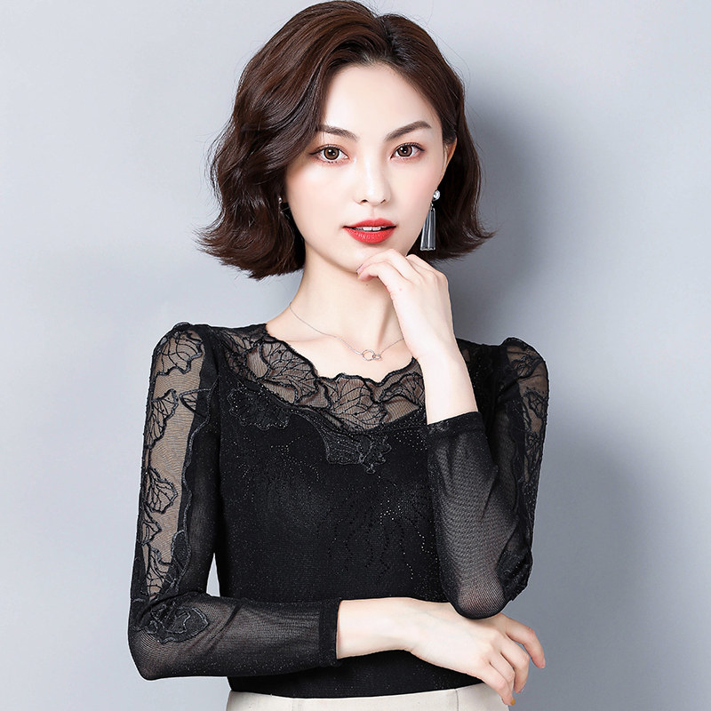 2020新款蕾丝打底衫女秋冬长袖韩版镂空网纱上衣内搭显瘦亮丝t恤