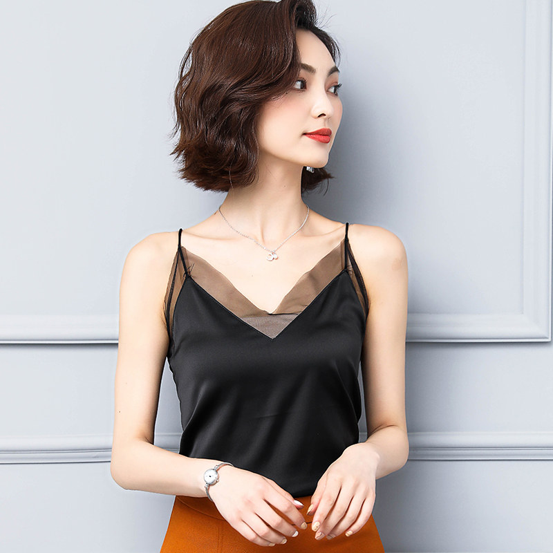 吊带背心女士短款修身显瘦性感露背纯色网纱背心吊带