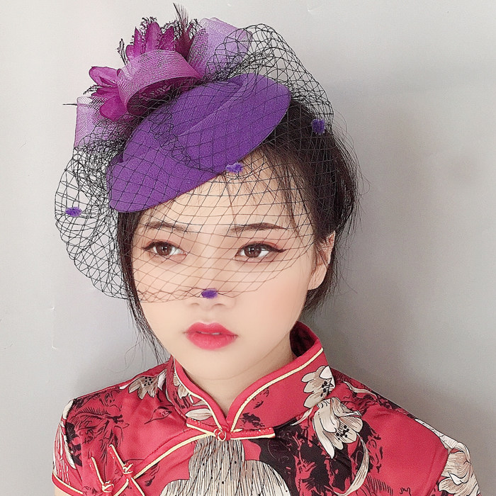 旗袍头饰复古羽毛面纱发饰新娘网纱小礼帽发夹发饰