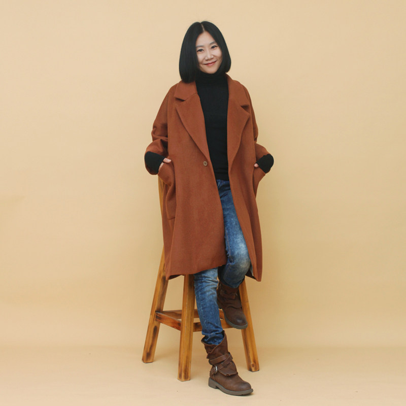 姜欢原创驼色羊毛毛呢中长大衣西服领落去马毛呢外套