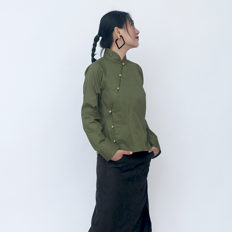 姜欢设计高密棉插肩袖显瘦斜襟立领中式小褂衬衫