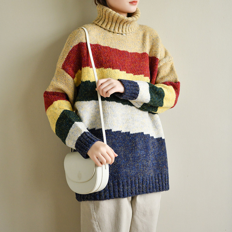 天然秋冬毛衣花纱条纹拼接撞色翻领出品高翻领毛衣