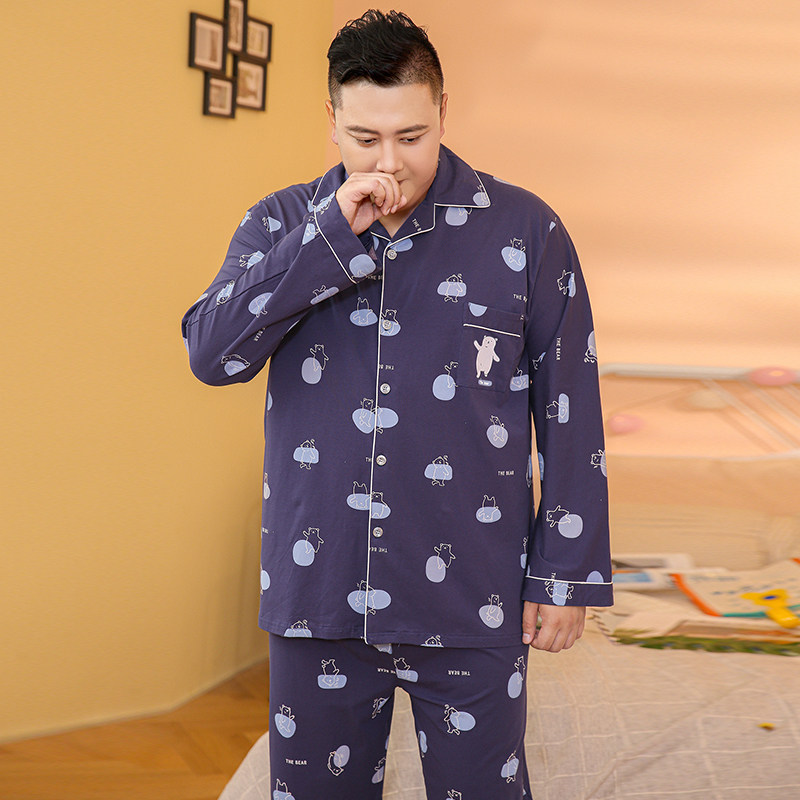 男孩青年男大码200斤纯棉春秋长袖长裤加肥加大睡衣
