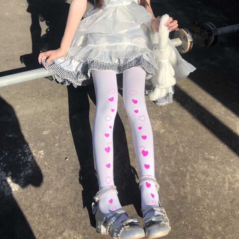 lolita袜子白丝袜日系少女甜美爱心内搭春秋款连裤袜jk白色公主袜