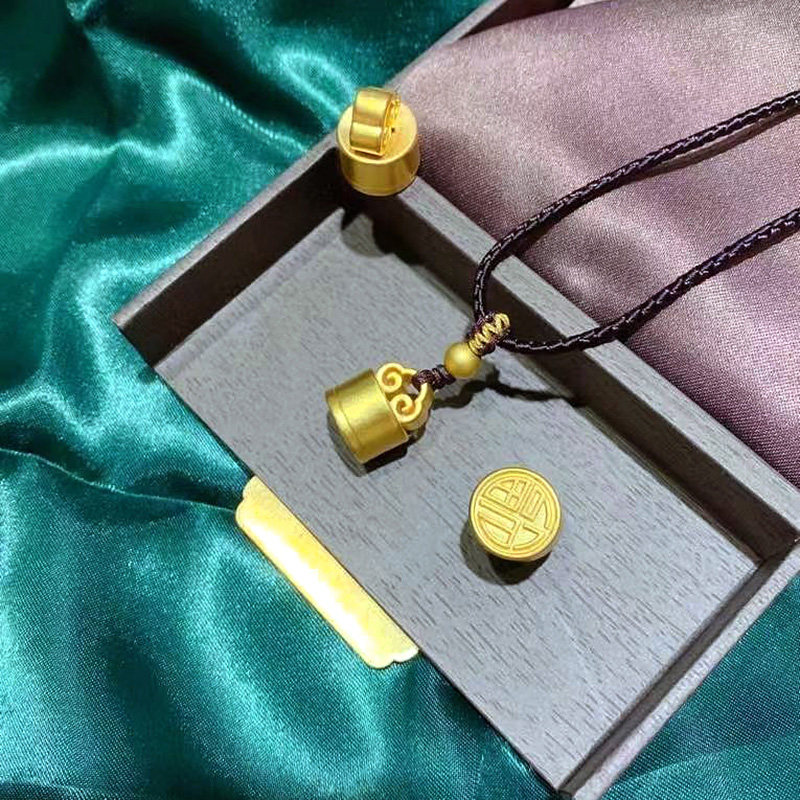 黄金印章吊坠项链女男款999足金转运珠古法传承纯金福字情侣挂坠