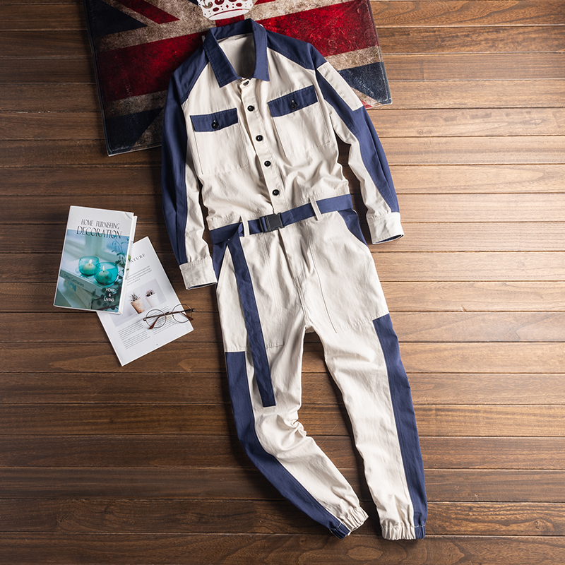 奔跑吧同款撞色一体服套装男韩版工装连体衣夹克外套男女连体裤