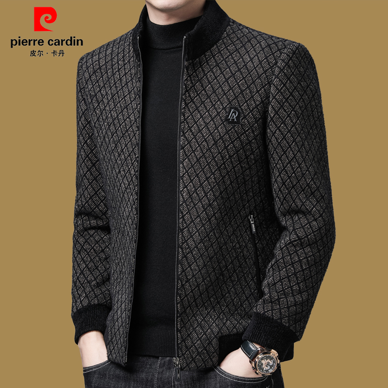 皮尔卡丹格子夹克男中年爸爸装保暖呢子外套男士加厚休闲羊毛茄克