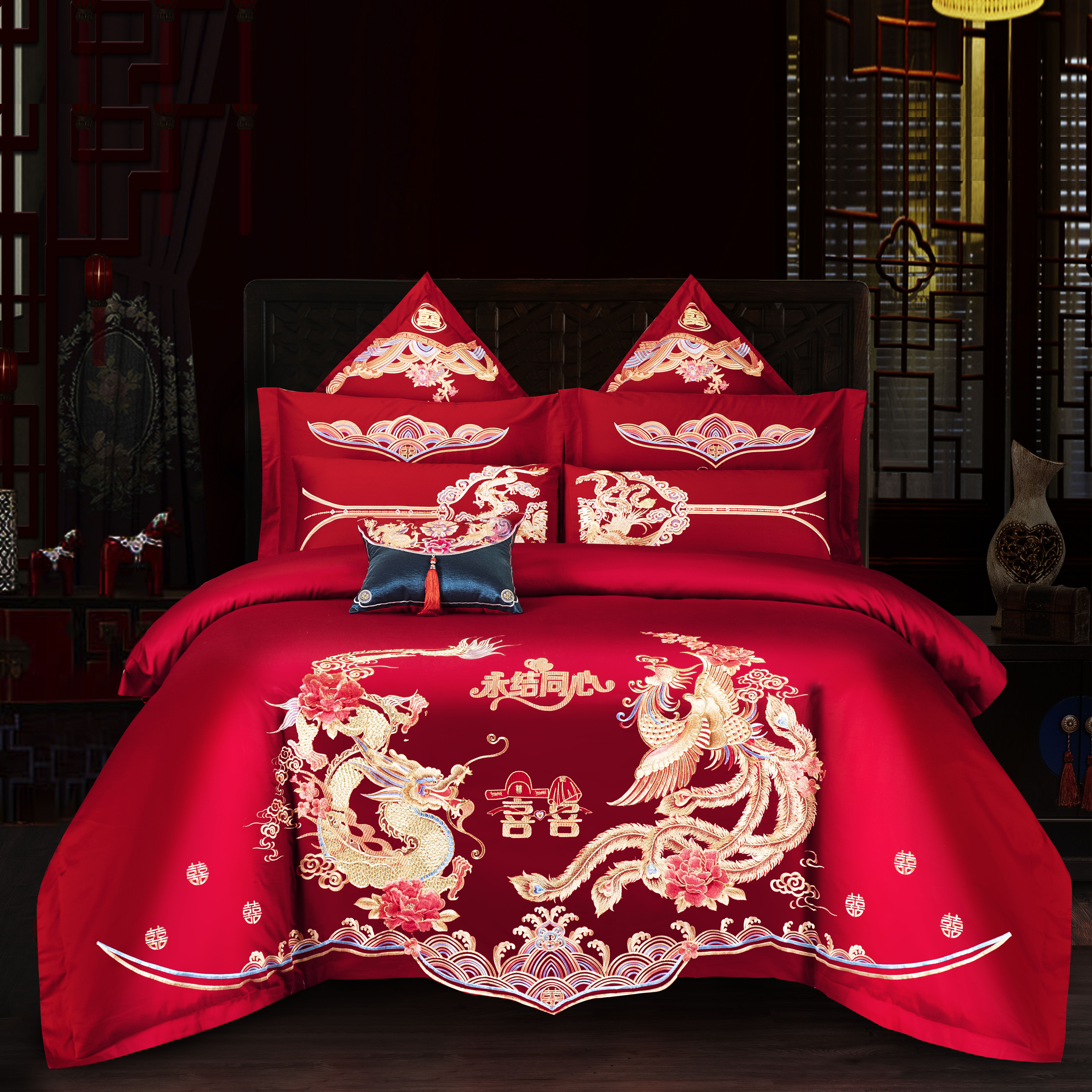 件套结婚四件床上新婚八十大红绣花刺绣用品婚庆床品套件
