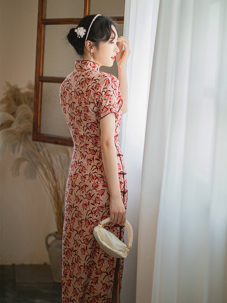 扶夏玉生古法平裁无省旗袍淡雅花朵雪纺复古旗袍