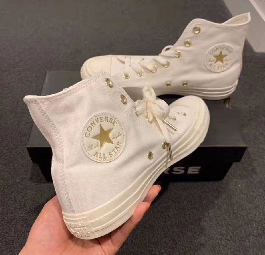 converse匡威女鞋新款allstar冰淇淋金标白色高帮帆布鞋