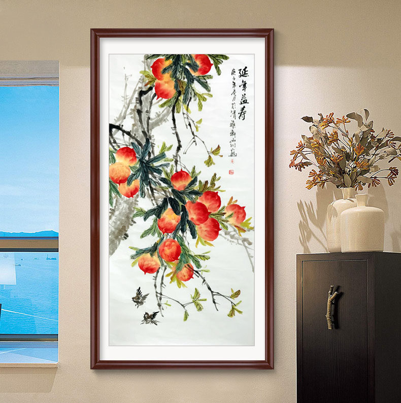 国画寿桃手绘真迹花鸟水墨画竖幅祝寿风水玄关国画