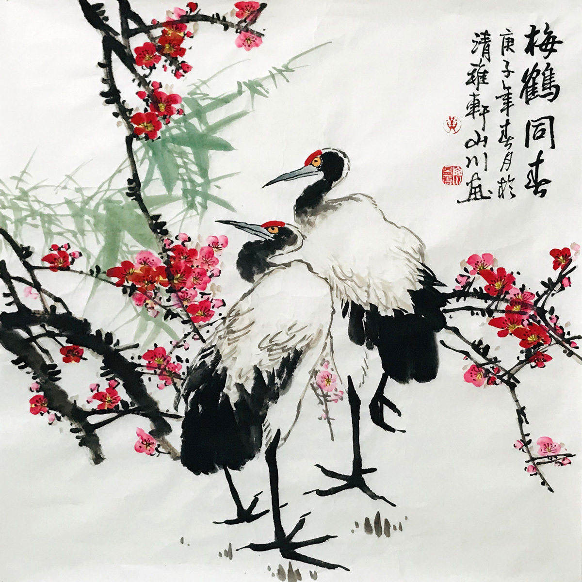 名家梅鹤仙鹤梅花斗方四尺手绘装饰画卧室花鸟国画