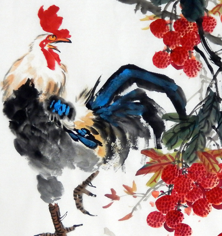 名家手绘真迹花鸟画四尺斗方荔枝公鸡国画