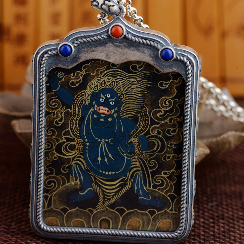 手绘吉祥真言六字藏传佛教黑金明王不动佛像纯银项坠