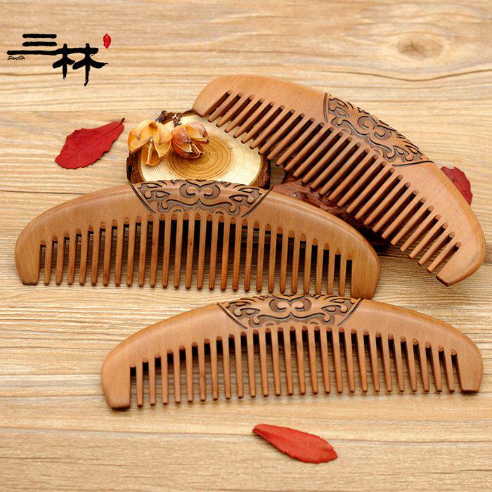 天然老山山桃木梳三林正品19cm月牙型粗齿卷发梳子