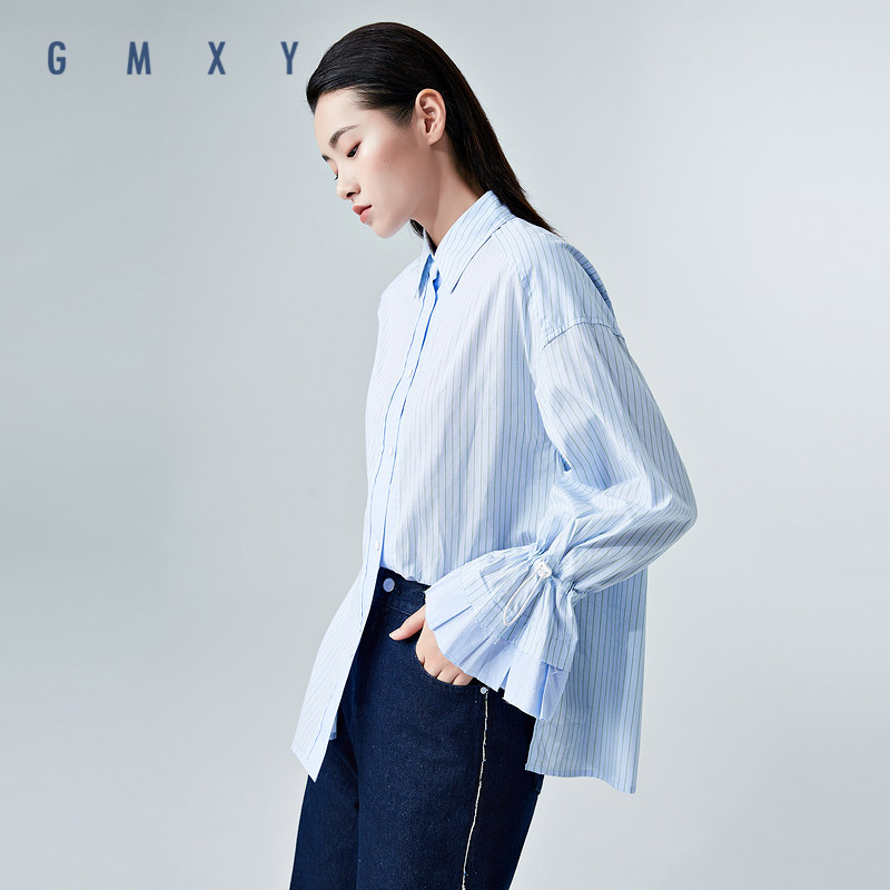 古木夕羊gmxy衬衫2021春夏新款翻领条纹冰蓝舒适衬衫