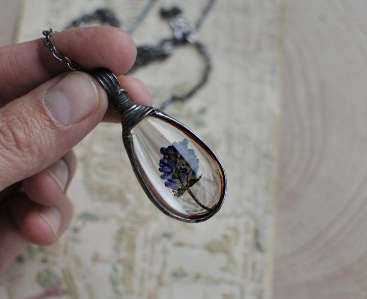 波兰代购lavender手作复古真正薰衣草压花凸面水滴项链