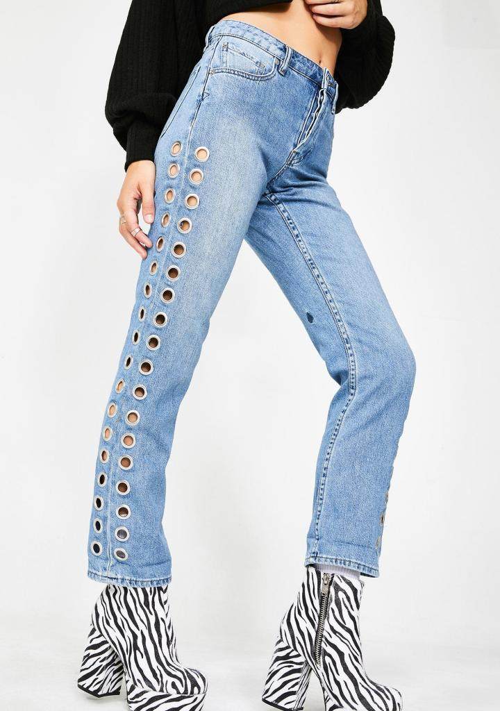 美国代购commit限量简约别致艺术镂空银色扣眼牛仔裤